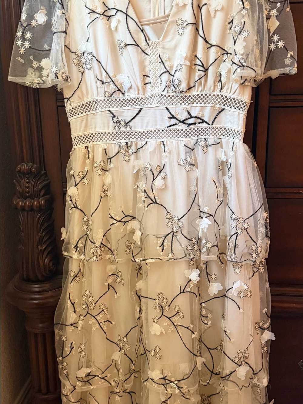 Just Me Floral Embroidered Ivory Midi Dress with Black Branch Detail